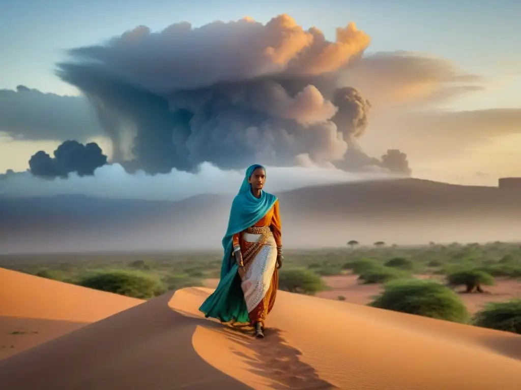 Una mujer somalí con atuendo tradicional en el desierto, líder y fuerte, rodeada de admiración