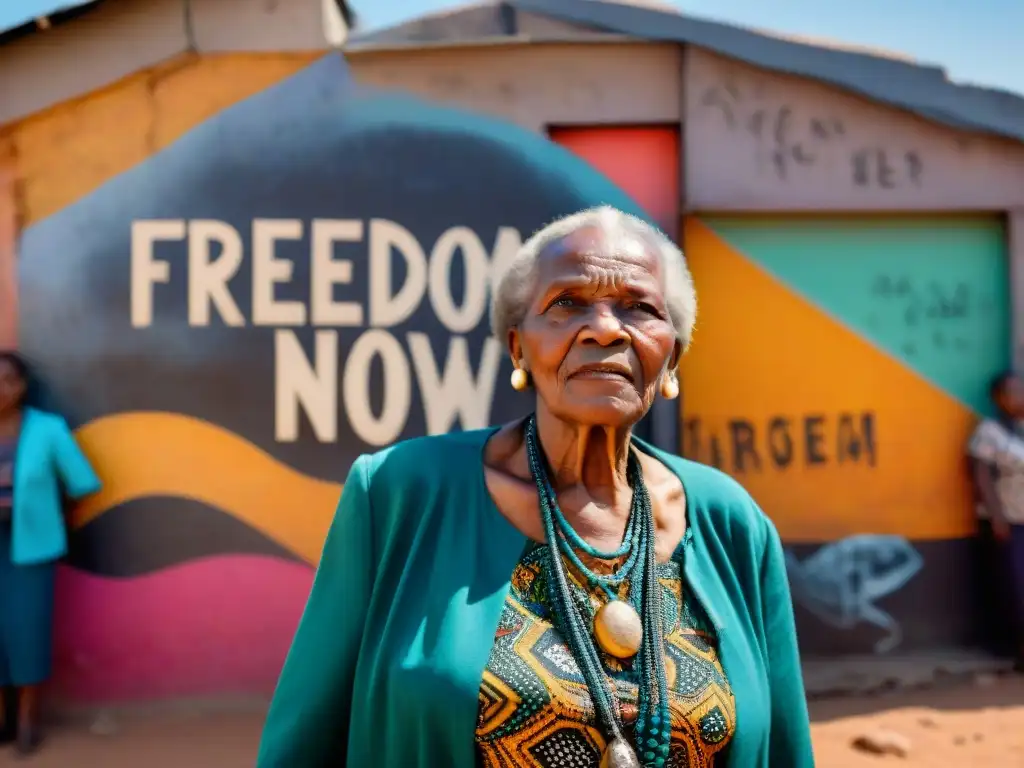 Mujer sudafricana mayor frente a mensaje de libertad, rodeada de niños diversos con esperanza