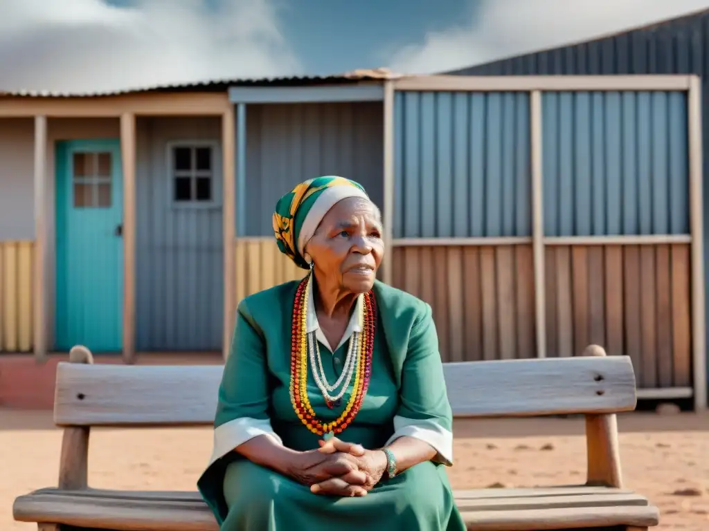 Mujer sudafricana mayor en vestimenta tradicional sentada en un banco de madera, con jóvenes diversos debatiendo en segundo plano