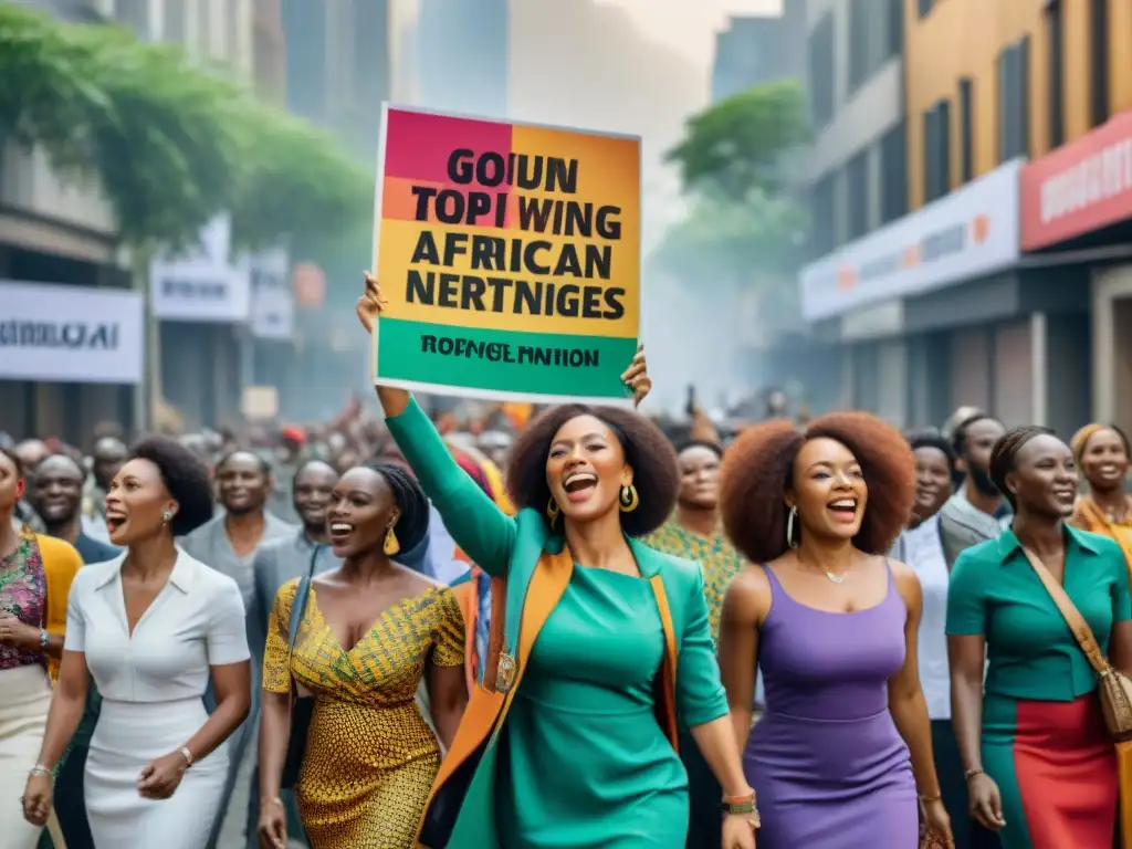 Mujeres activistas africanas marchan con pancartas en la lucha contra la opresión de género