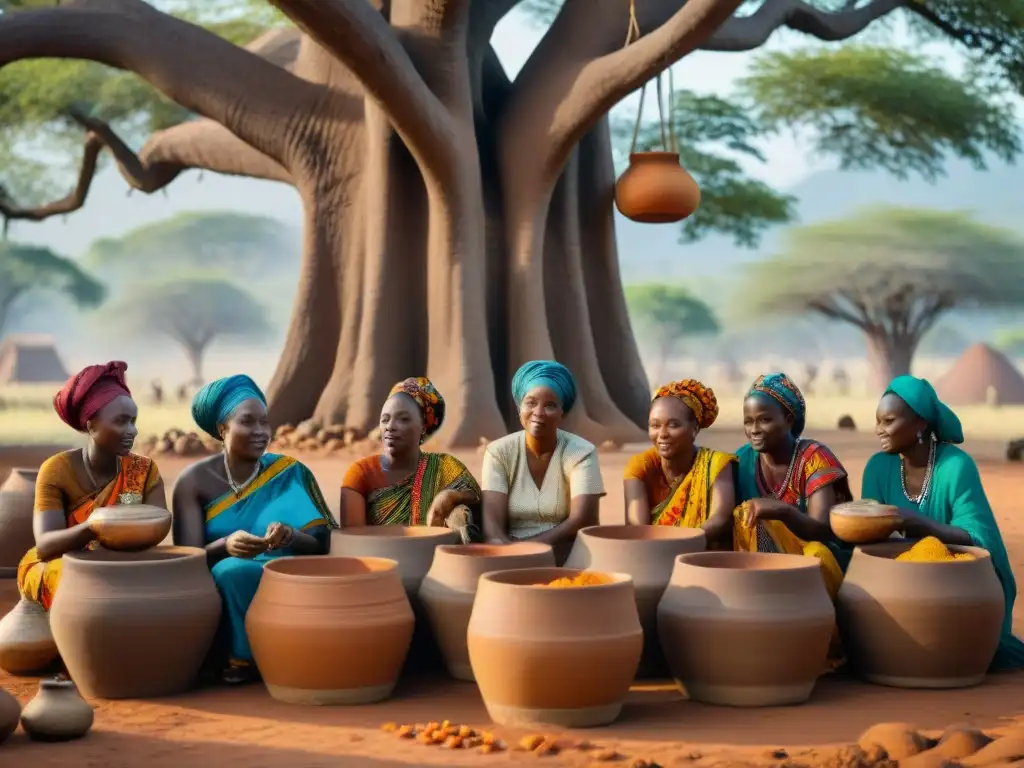 Mujeres africanas fermentando alimentos bajo baobab, resaltando raíces africanas en biotecnología contemporánea