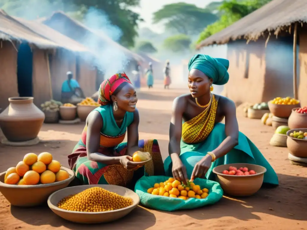 Mujeres africanas preservando alimentos con técnicas ancestrales, rodeadas de frutas y verduras coloridas en África