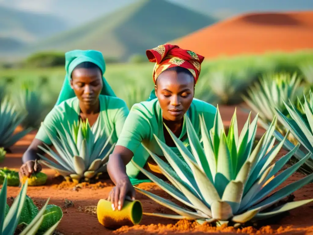 Mujeres africanas cosechando aloe vera bajo el sol ardiente