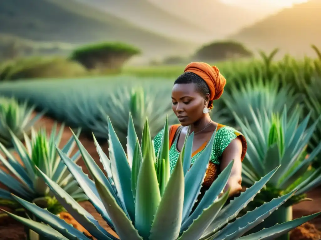 Mujeres africanas cosechando aloe vera bajo el sol brillante en plantación extensa