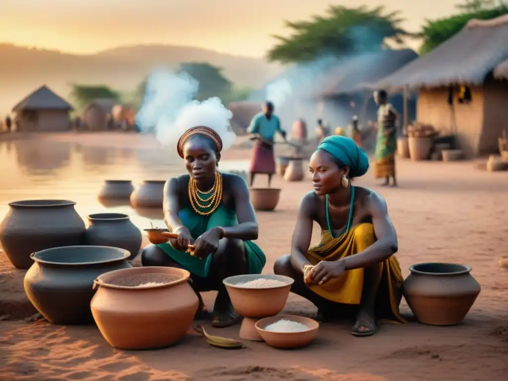 Mujeres africanas antiguas preservando pescado con sal en lago brillante al atardecer, escena de conservación alimentos en África