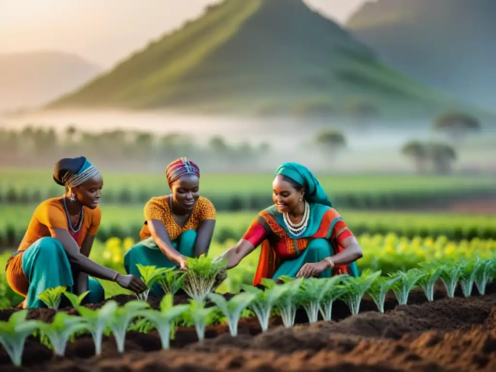 Mujeres africanas plantando árboles juntas al atardecer, promoviendo el desarrollo sostenible en África