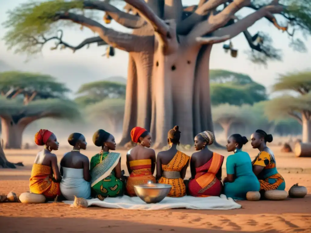 Mujeres africanas en asamblea bajo un baobab, discutiendo y planificando juntas, con determinación y unidad