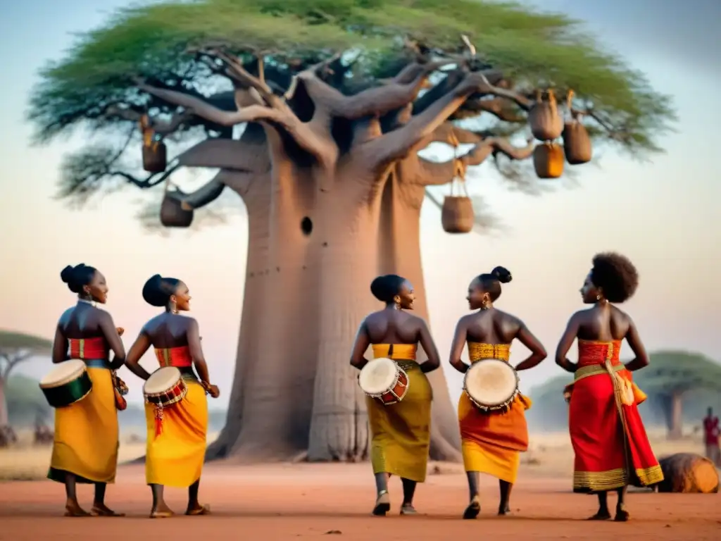 Mujeres africanas celebrando bajo un baobab al atardecer