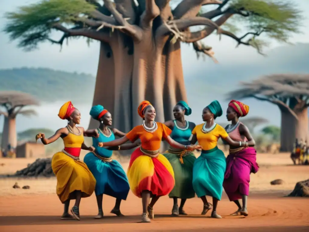 Mujeres africanas danzan bajo un baobab, expresan empoderamiento femenino