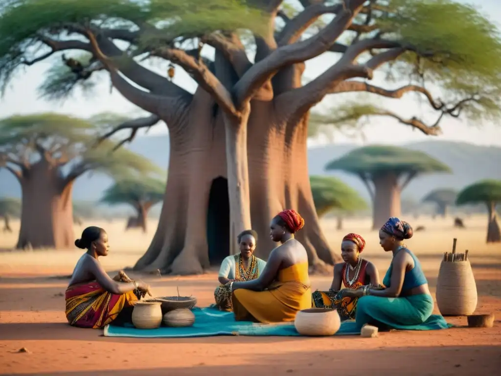 Mujeres africanas tejiendo bajo el baobab, resaltando roles de género en África colonialismos