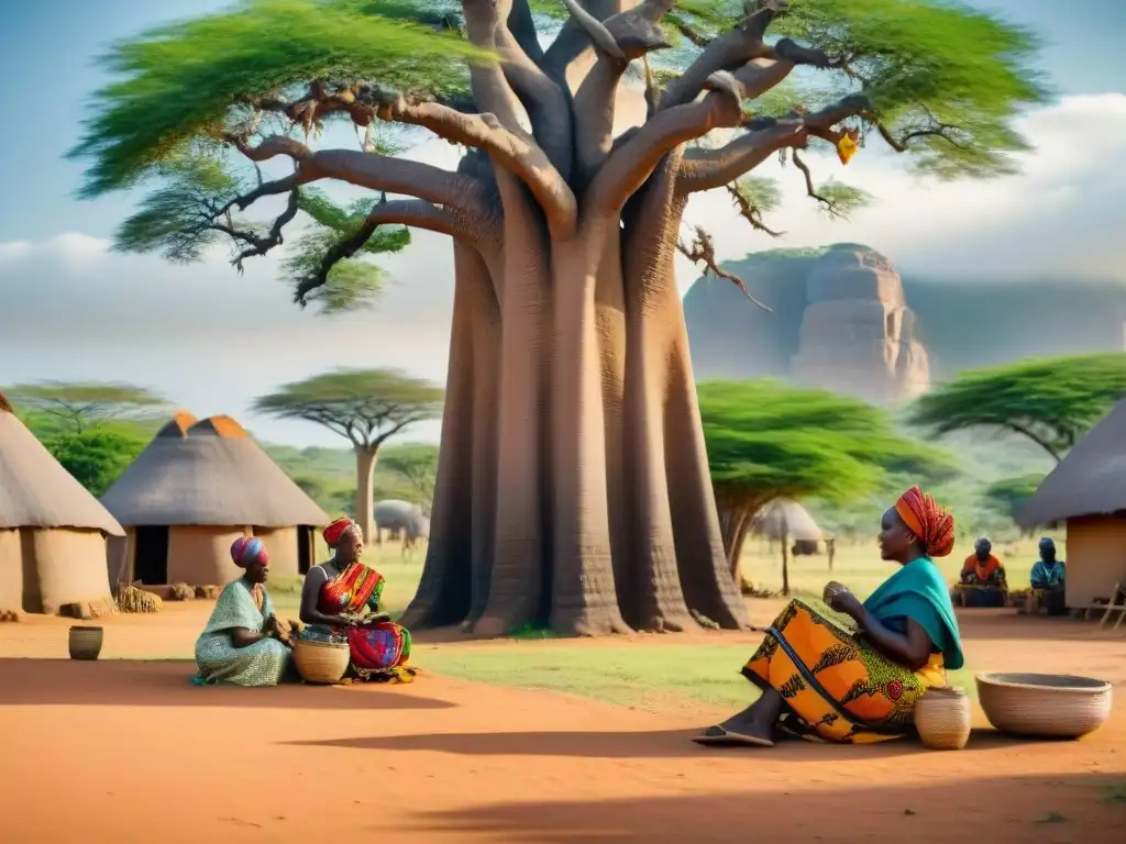 Mujeres africanas tejiendo bajo baobabs, sostenibilidad en civilizaciones africanas