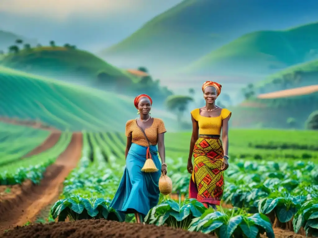 Mujeres africanas en campo verde cultivando, transmitiendo unión y desarrollo sostenible en África