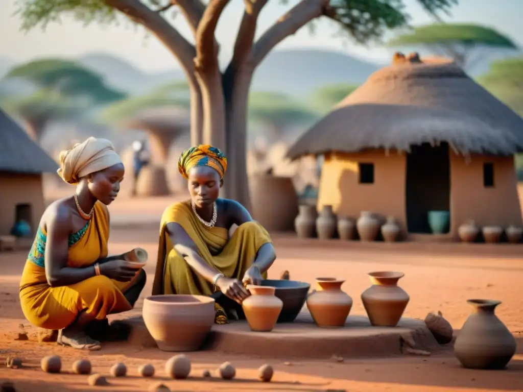 Mujeres africanas creando cerámica bajo un baobab, reflejando su rol en civilizaciones africanas