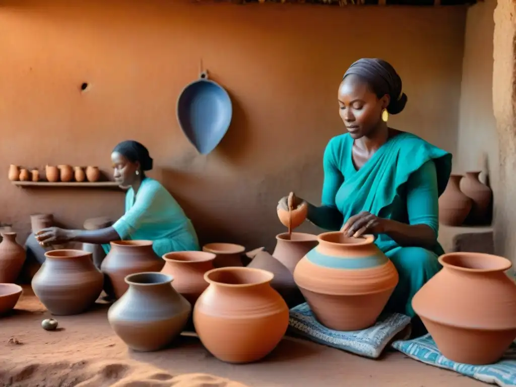 Mujeres africanas moldeando cerámica como documento histórico en una aldea tradicional