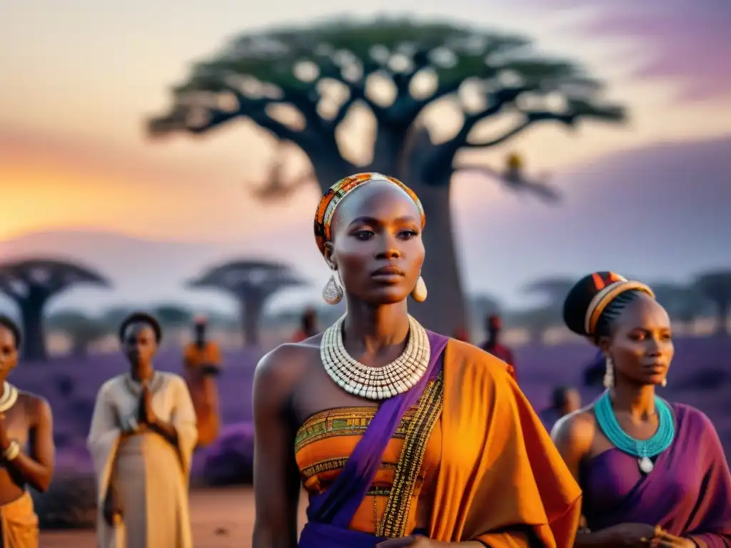 Mujeres africanas en ceremonia espiritual al atardecer, resistencia opresión, prácticas religiosas africanas