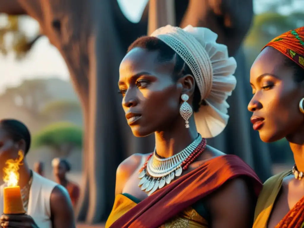 Mujeres africanas en ceremonia espiritual bajo un Baobab, expresando empoderamiento femenino en prácticas ancestrales