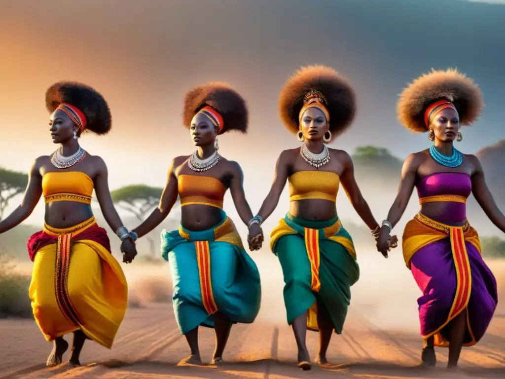 Mujeres africanas danzando en ceremonia de fertilidad bajo el sol africano en la sabana