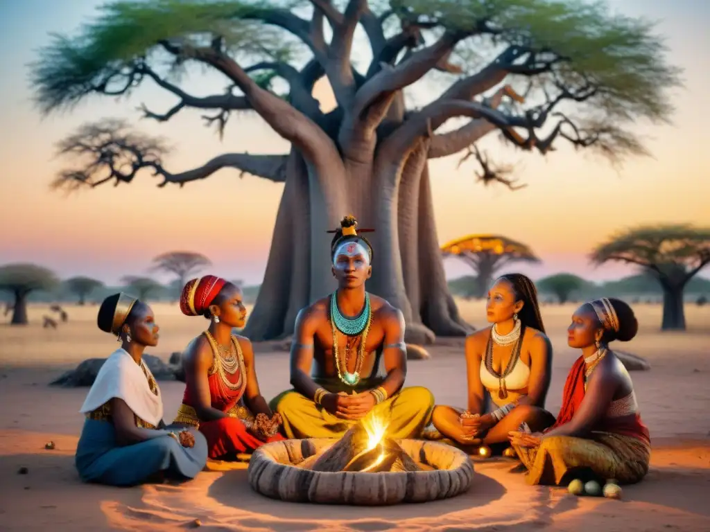 Mujeres chamanas africanas realizan ceremonia sanación bajo baobab al atardecer