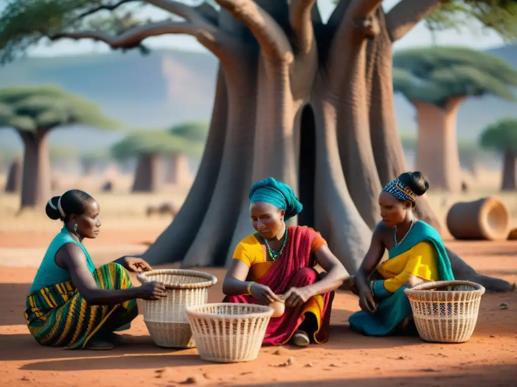 Mujeres africanas tejiendo cestas bajo un baobab en la sabana