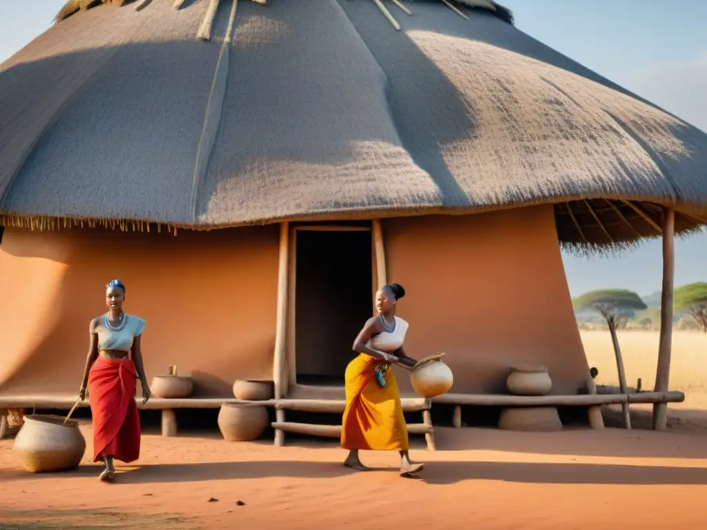 Mujeres africanas construyendo choza con técnicas ancestrales, resaltando la importancia del papel de la mujer en la arquitectura africana