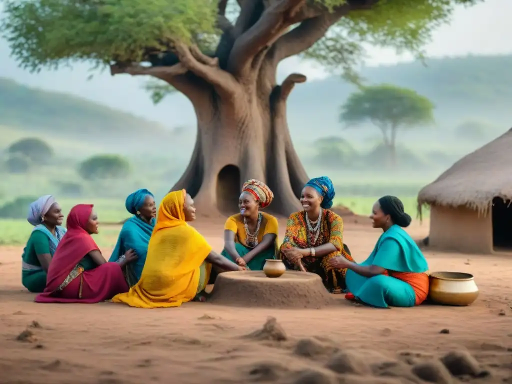 Mujeres africanas en círculo bajo un árbol, compartiendo, empoderándose y transformando la sociedad con sus ideas