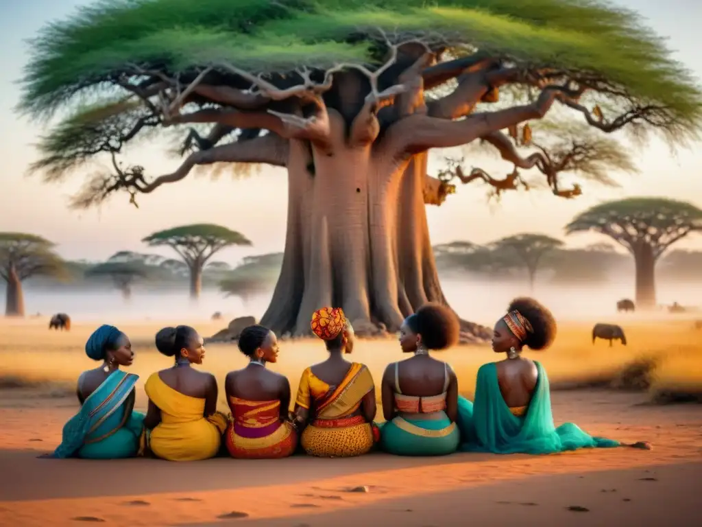 Mujeres africanas en círculo bajo baobab, líderes empoderadas discutiendo en la sabana al atardecer