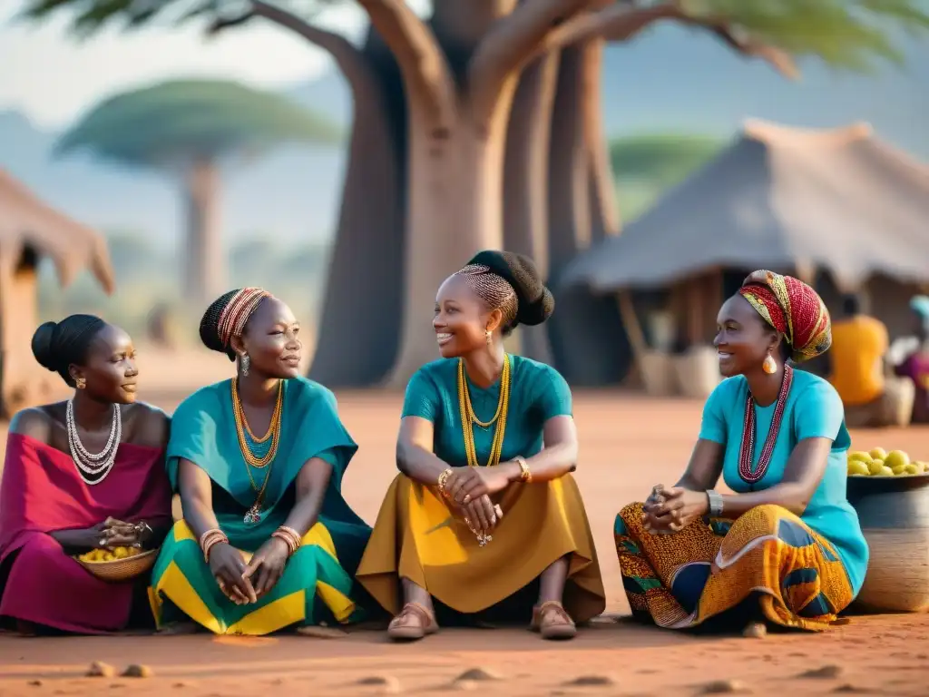 Mujeres africanas en círculo bajo baobab, mercado de fondo