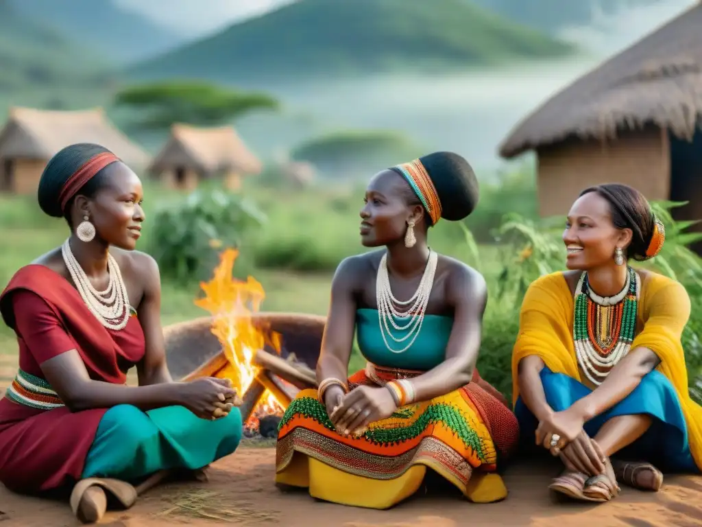 Mujeres africanas preservando la biodiversidad y la cultura en una ceremonia tradicional alrededor del fuego en el pueblo