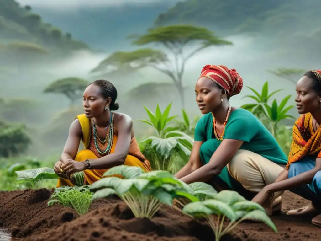 Mujeres africanas preservando la biodiversidad y su cultura en una imagen vibrante de empoderamiento y cuidado ambiental