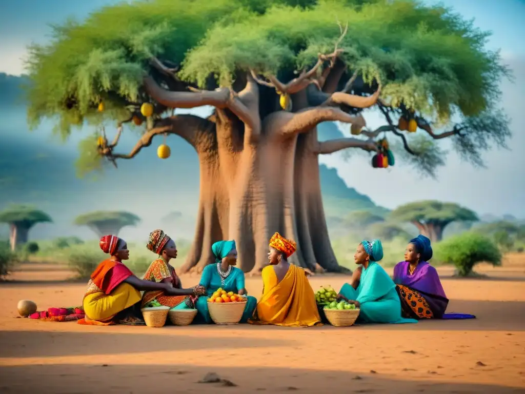 Mujeres africanas preservando la biodiversidad cultural bajo un baobab, rodeadas de frutas y verduras coloridas en un vibrante paisaje africano