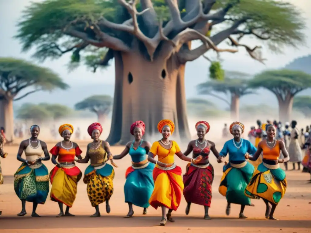 Mujeres africanas danzan bajo baobab en celebración cultural: danza como empoderamiento femenino África