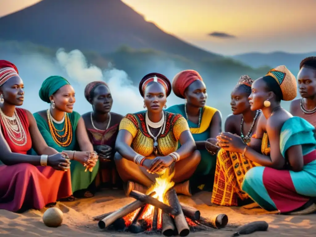 Mujeres africanas preservando la biodiversidad cultural alrededor de una fogata estrellada