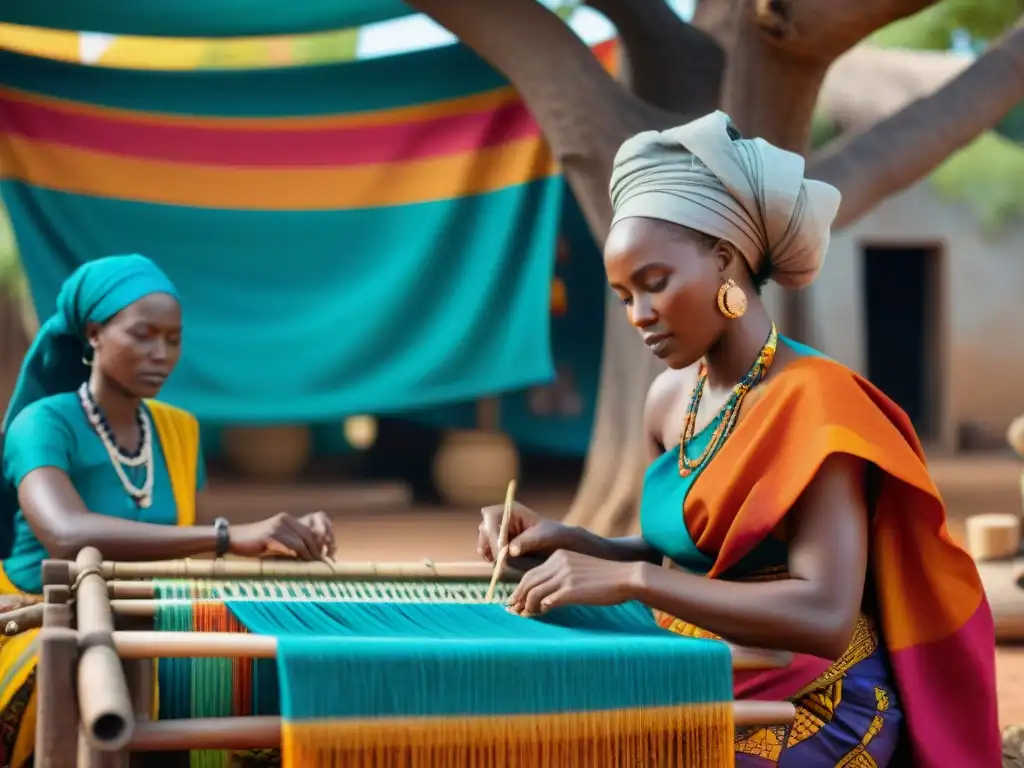 Mujeres africanas tejiendo diseño de textiles africanos influencia bajo Baobab