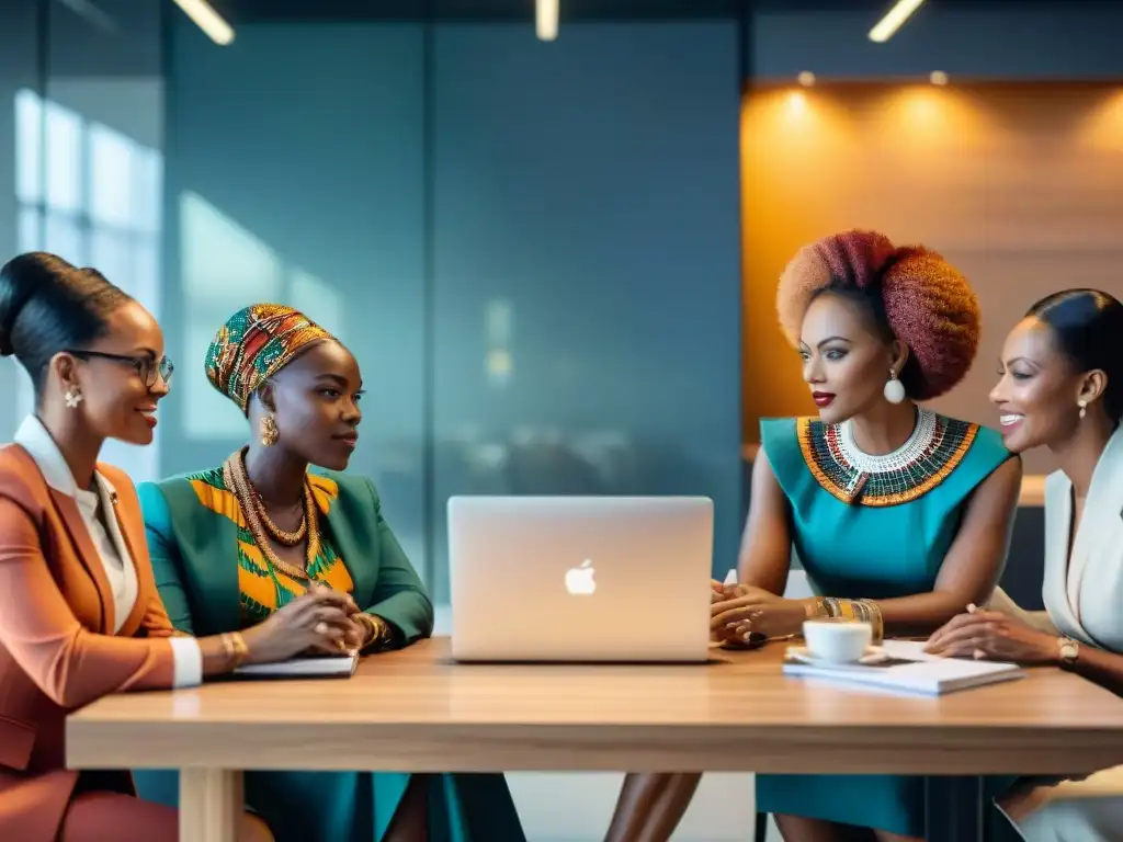 Mujeres africanas liderando en la economía global, unidas en moderna oficina con laptops y reportes financieros