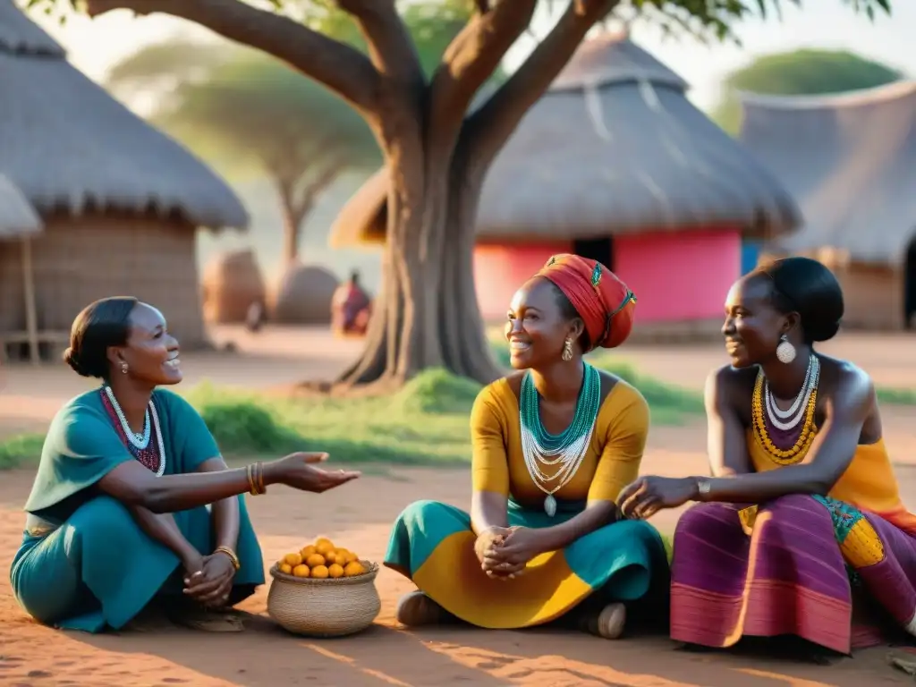 Mujeres africanas empoderadas discuten bajo un árbol en una aldea rural, transmitiendo la transformación social africana