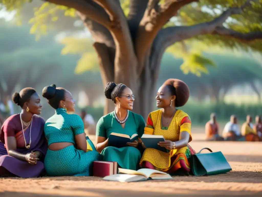 Mujeres africanas empoderadas intercambian conocimientos bajo un árbol, simbolizando la transformación social a través de la educación