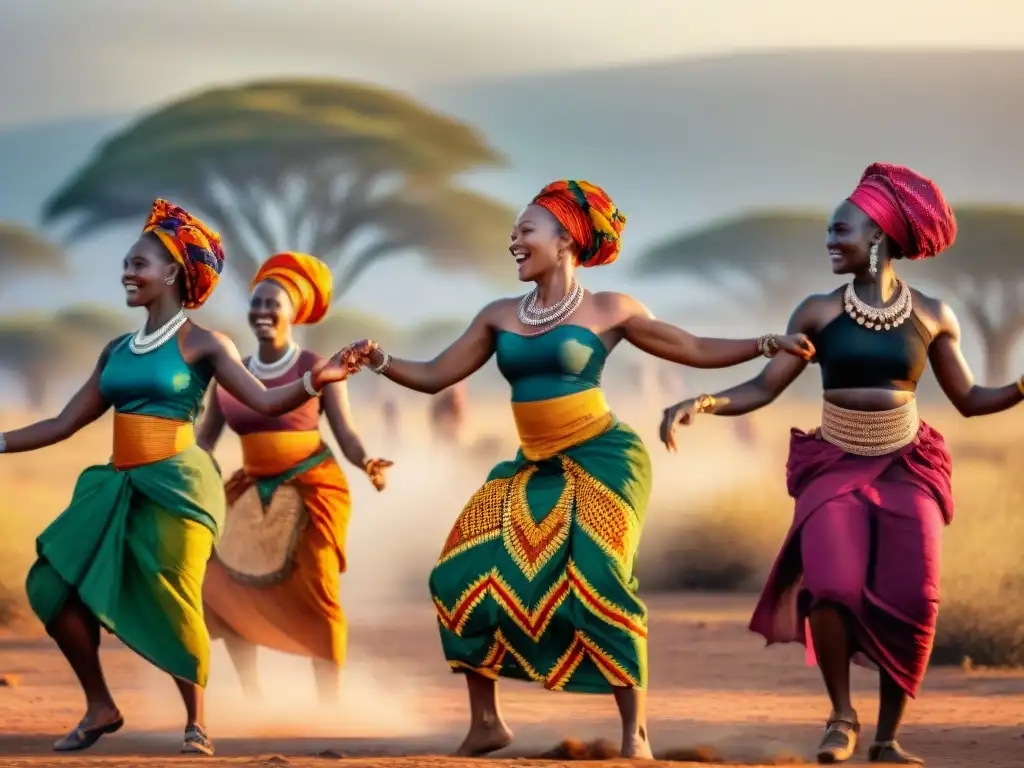 Mujeres africanas bailando con empoderamiento y alegría en la sabana