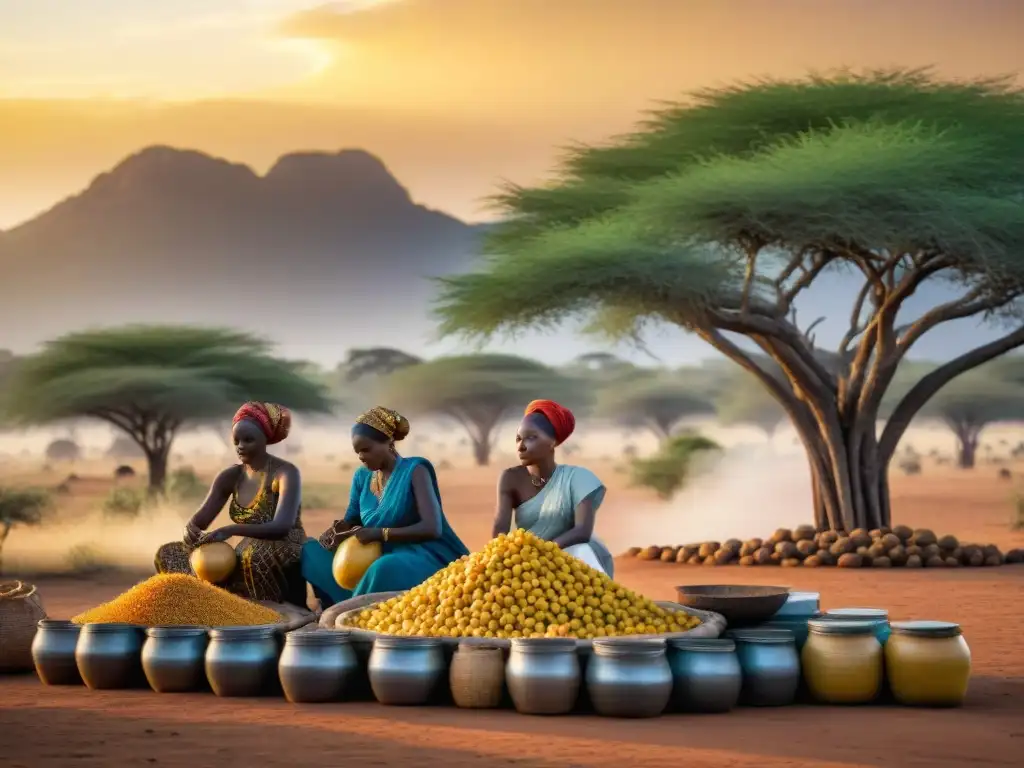 Mujeres africanas expertas extrayendo aceite de marula al atardecer en la sabana