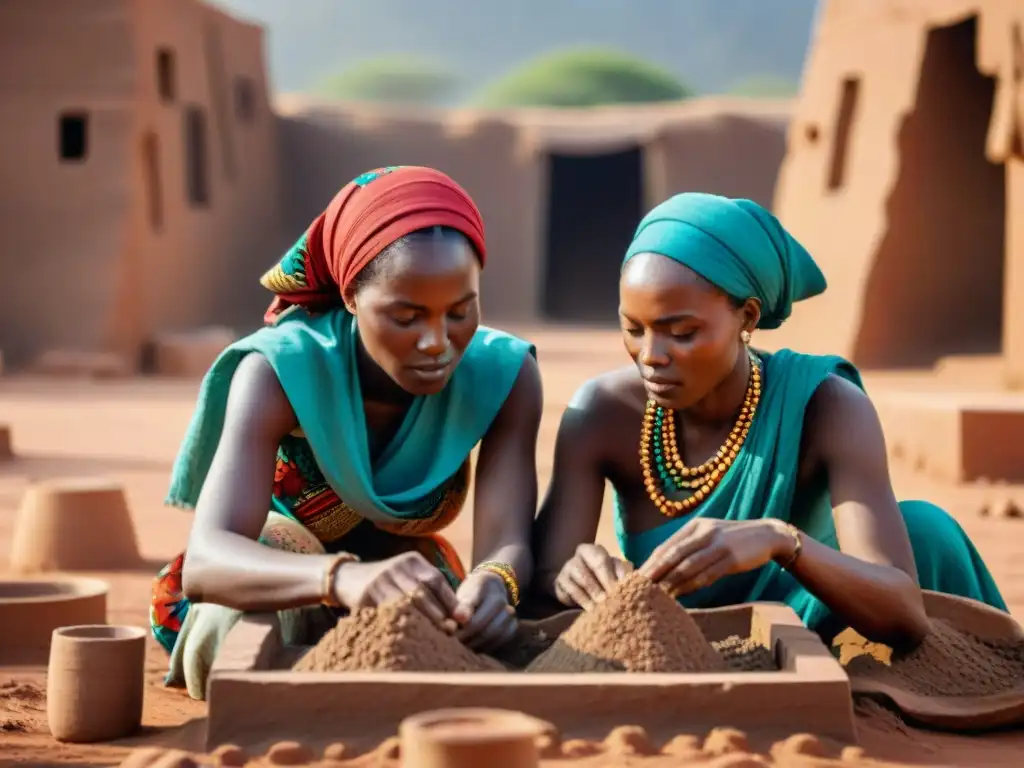 Mujeres africanas expertas creando ladrillos de barro, reflejando la importancia del papel de la mujer en la arquitectura africana