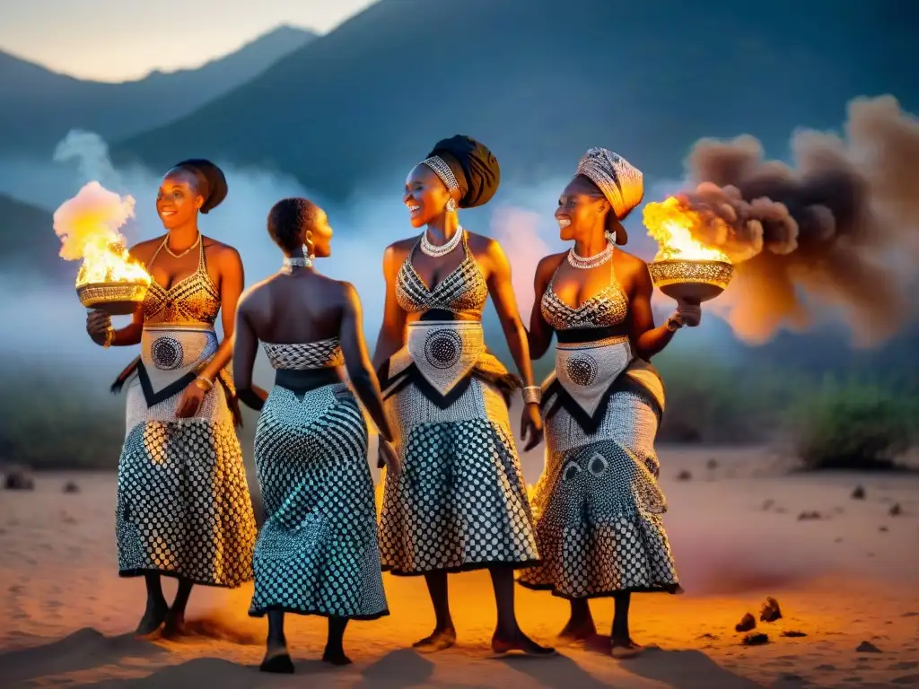 Mujeres africanas danzando alrededor del fuego por la noche, expresando resiliencia y cultura