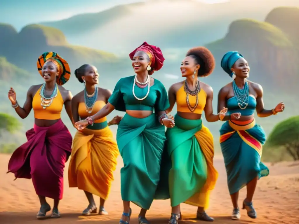 Mujeres africanas danzando con gracia y energía en círculo bajo el sol brillante, en un escenario de danzas de fertilidad en África