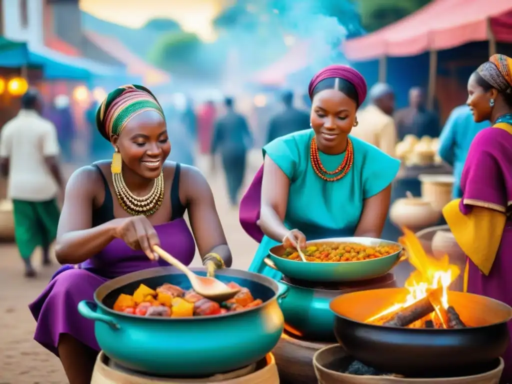 Mujeres africanas preparando un guiso en un mercado al aire libre, símbolo de gastronomía africana y resistencia cultural