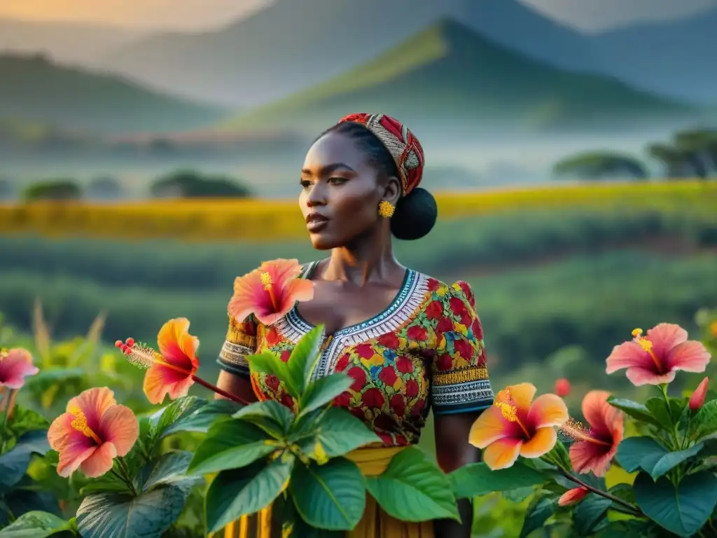 Mujeres africanas cosechando hibiscos al atardecer en campo exuberante