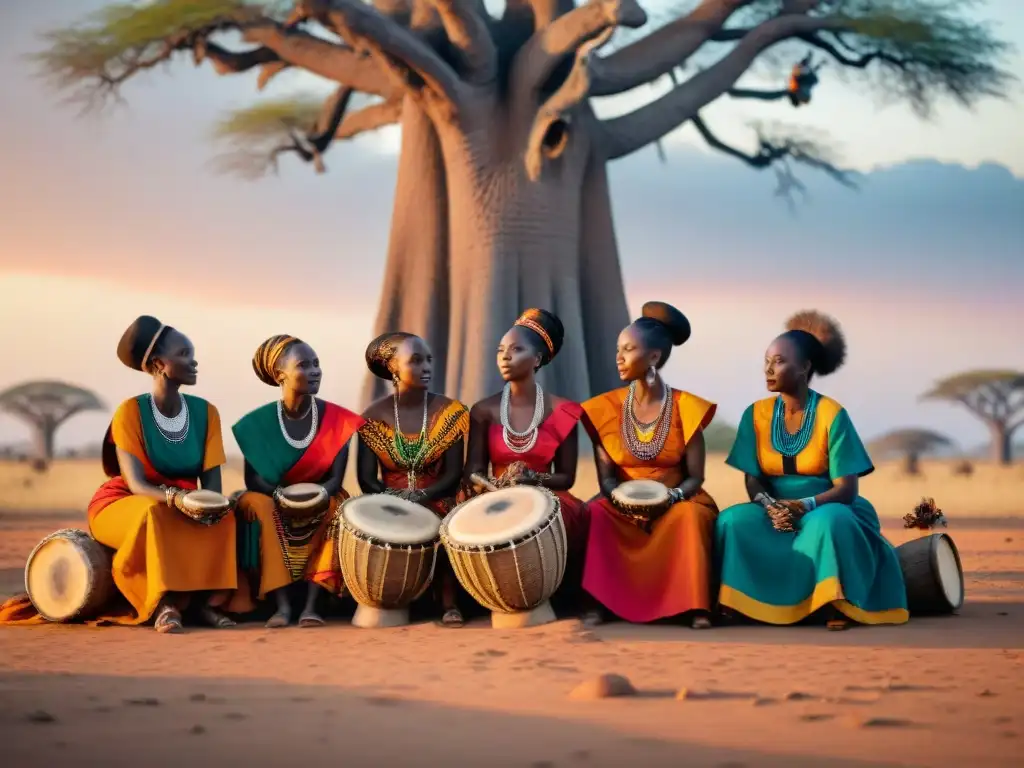 Ritual funerario africano: mujeres, música y dolor Mujeres africanas tocando instrumentos musicales tradicionales durante un ritual de duelo bajo un baobab al atardecer en la sabana africana