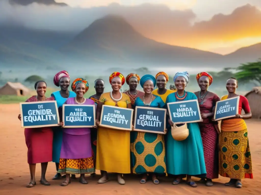 Mujeres africanas unidas en lucha contra la desigualdad de género, en un pueblo rural al atardecer