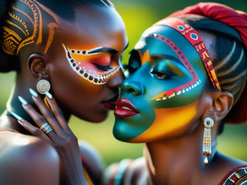 Dos mujeres africanas aplicando maquillaje tribal, reflejando la influencia diáspora africana en la industria de la belleza