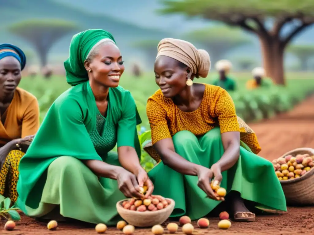 Mujeres africanas cosechando nueces de karité en una exuberante sabana verde