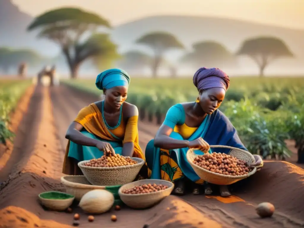 Mujeres africanas recolectando nueces de shea bajo el sol dorado de la sabana, resaltando la importancia del aceite de Shea en sus vidas