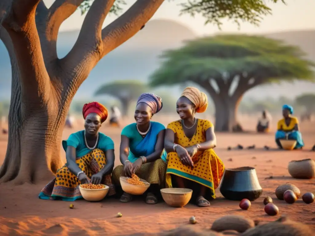 Mujeres africanas recolectando nueces de shea bajo un árbol, destacando los Beneficios del aceite de shea