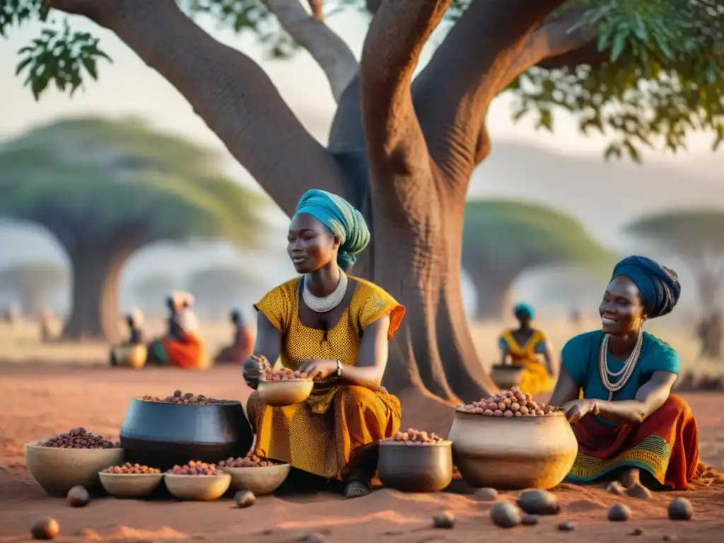 Mujeres africanas cosechando nueces de shea bajo un árbol al atardecer, con trajes tradicionales coloridos